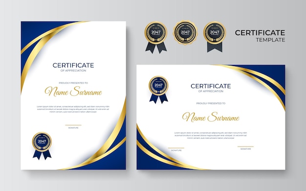 Certificado de modelo de conquista azul e dourado com emblema de ouro e borda. modelo de certificado com elemento de decoração dourada. graduação de diploma de design, prêmio. ilustração vetorial