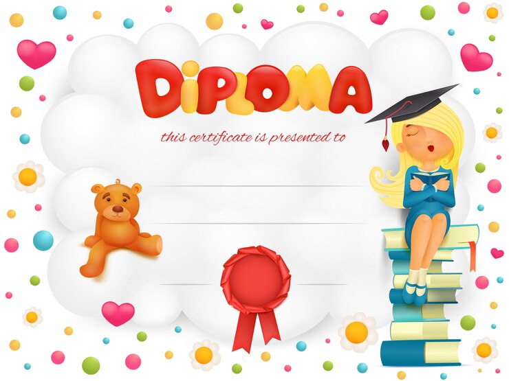Vetor certificado de modelo de diploma com a menina do estudante e ursinho de pelúcia.