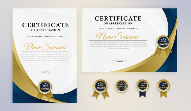 Certificado de Prêmio Elegante Ouro Azul Moderno com emblemas