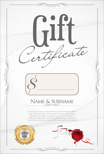 Vetor certificado de presente com selo dourado e borda de design