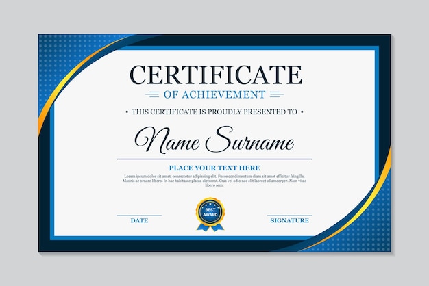 Certificado de realização desenho de onda geométrica simples azul e dourado