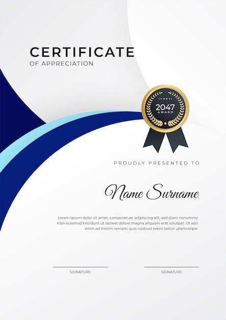 Certificado de realização projeto de modelo azul com crachá de ouro e borda para prêmio de honra de negócios e escola