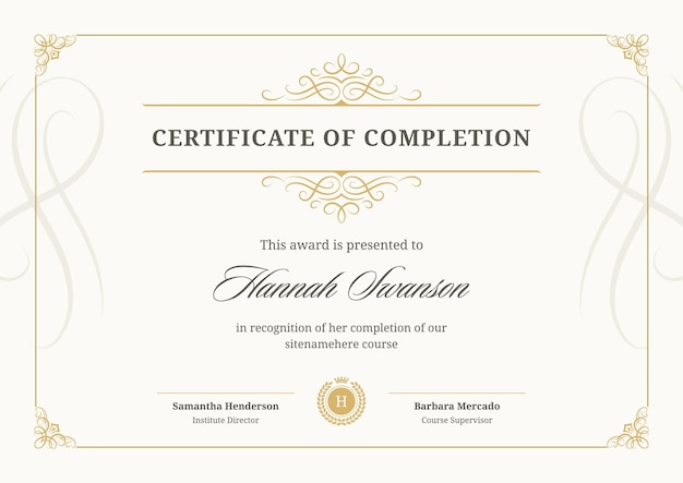 Certificado diploma documento de graduação vintage ouro curvo ornamento modelo de design vetor plano