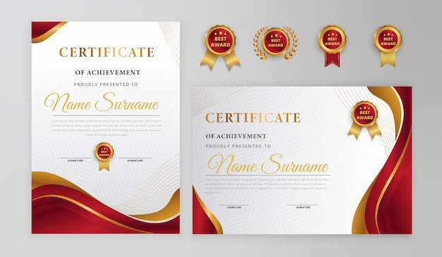 Certificado elegante de prêmios de apreciação com modelo de crachás vermelhos e dourados para realização de negócios e empresa