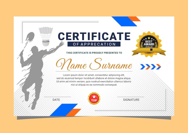 Certificado especial para vencedores de desportos de badminton