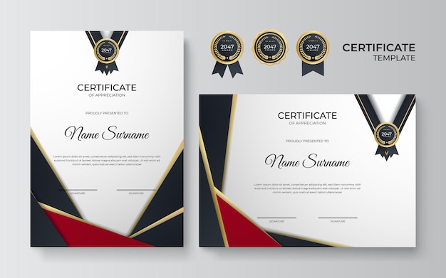 Certificado moderno de ouro vermelho de modelo de conquista com conceito de design de negócios futurista