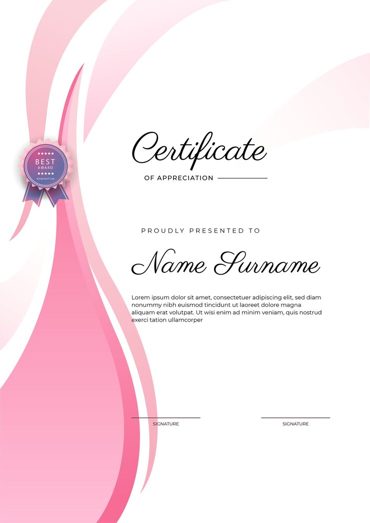 Vetor certificado moderno e elegante azul e rosa de modelo de conquista com crachá e borda projetado para a escola universitária de negócios e corporativo de prêmio de diploma
