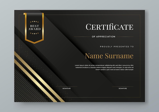 Certificado preto e dourado de luxo corporativo e modelo moderno Para realização corporativa diploma prêmio graduação conclusão apreciação reconhecimento reconhecimento etc.