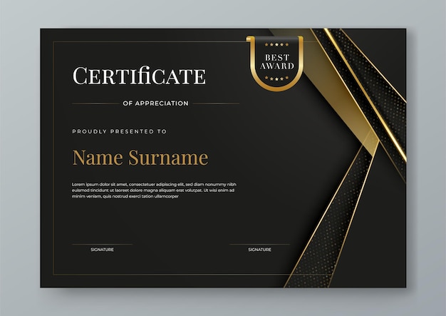 Certificado preto e dourado modelo moderno elegante e de luxo com formas para apreciação prêmios de realização diploma corporativo e educação