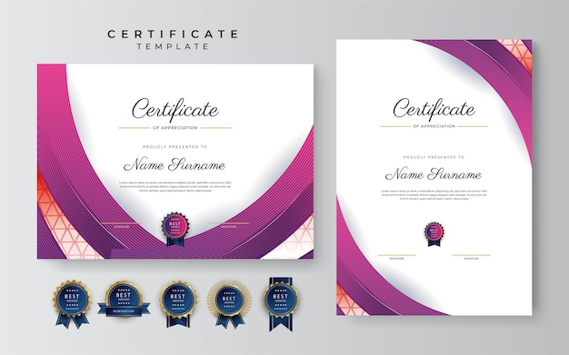 Certificado roxo escuro rosa e ouro de modelo de fronteira de conquista com distintivo de luxo e padrão de linha moderna para necessidades de negócios e educação de prêmios