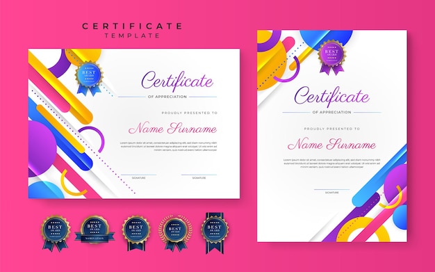 Certificado roxo rosa amarelo azul moderno de modelo de fronteira de conquista com distintivo de luxo e padrão de linha moderna para necessidades de negócios e educação de prêmios