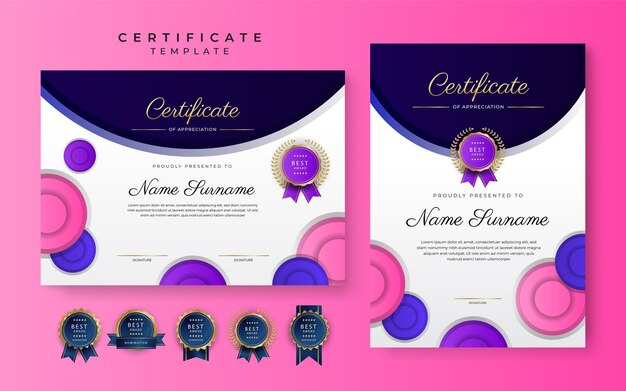 Vetor certificado roxo rosa azul moderno de modelo de fronteira de conquista com distintivo de luxo e padrão de linha moderna para necessidades de negócios e educação de prêmios