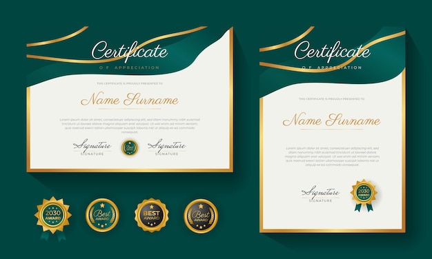 Certificado verde de modelo de conquista com distintivo de ouro