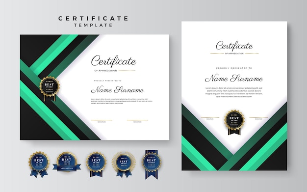 Vetor certificado verde e branco de modelo de borda de conquista com distintivo de luxo e padrão de linha moderno para necessidades de negócios e educação de prêmios