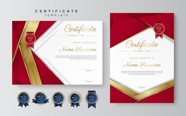 Certificado vermelho e dourado de modelo de fronteira de conquista com distintivo de luxo e padrão de linha moderna para necessidades de negócios e educação de prêmios