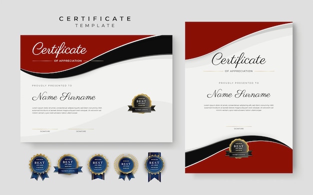 Certificado vermelho preto moderno de modelo de fronteira de conquista com distintivo de luxo e padrão de linha moderna para necessidades de negócios e educação de prêmios
