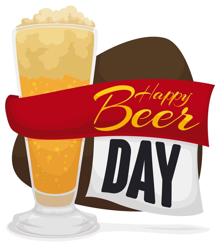 Vetor cerveja espumosa com fita e papel como folha solta com saudação para comemorar um feliz dia da cerveja