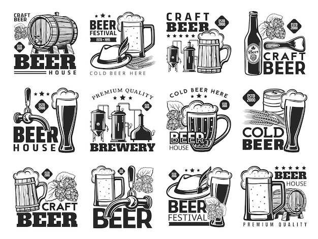 Cervejaria de cerveja artesanal ícones vintage monocromáticos