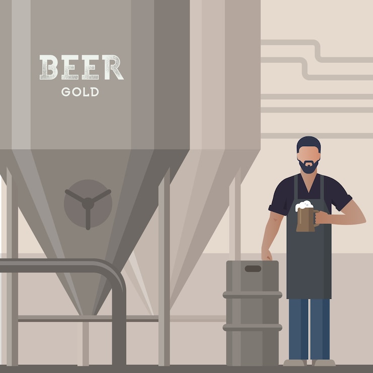 Vetor cervejeiro em sua própria cervejaria com uma cerveja na mão, demonstrando a produção de cerveja perto de barris e equipamentos de fábrica, ilustração plana.