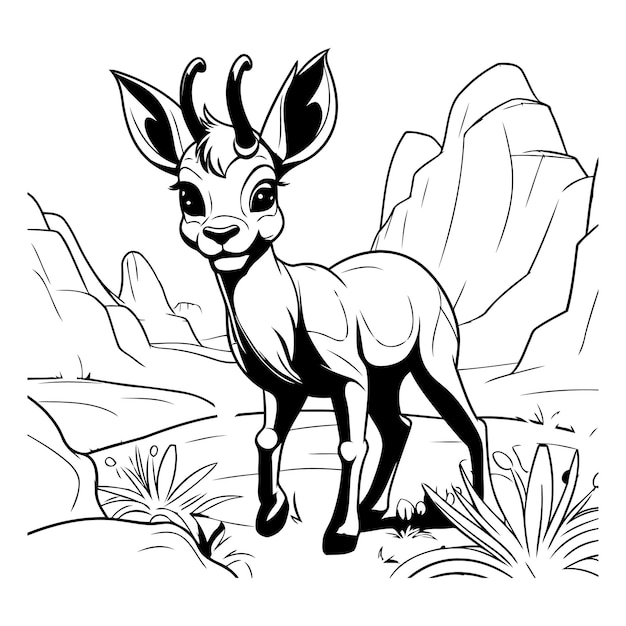 Vetor cervo selvagem nas montanhas ilustração vetorial em preto e branco para livro de colorir