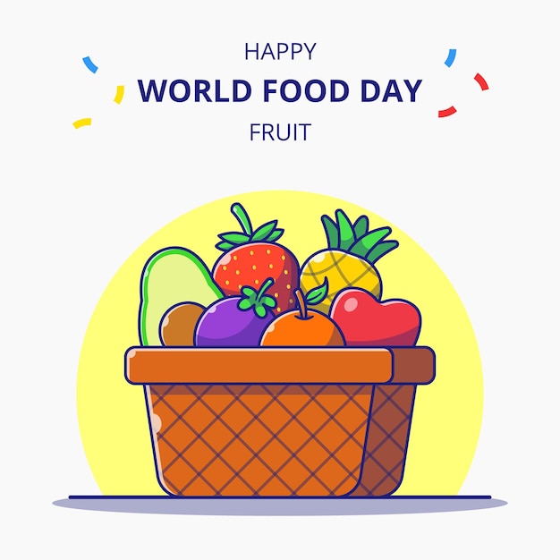 Cesta cheia de comemorações do dia mundial da comida de ilustração dos desenhos animados de frutas.