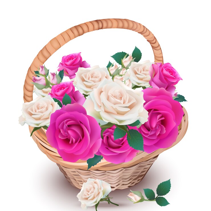 Vetor cesta com flores rosa e branco