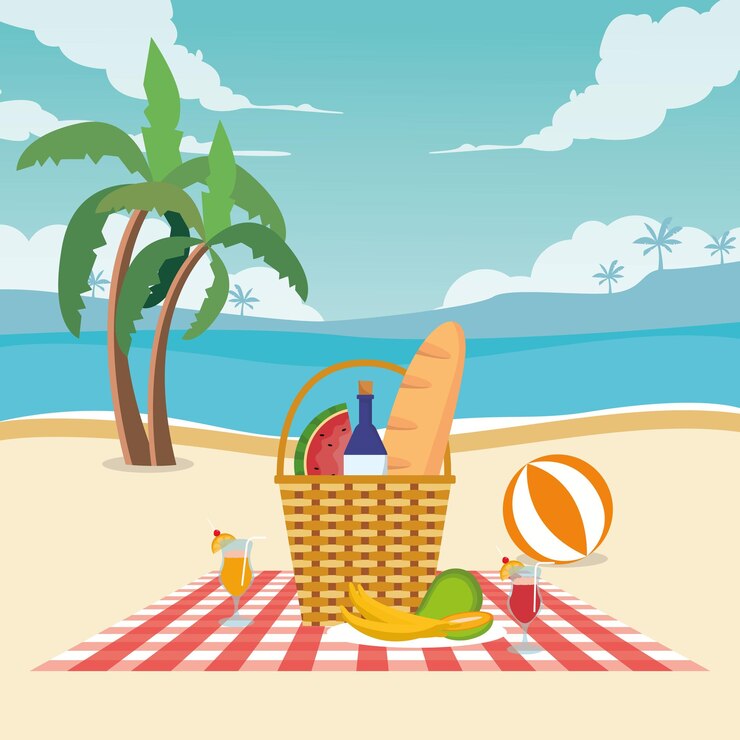 Vetor cesta com garrafas de suco e frutas com pão na praia ensolarada