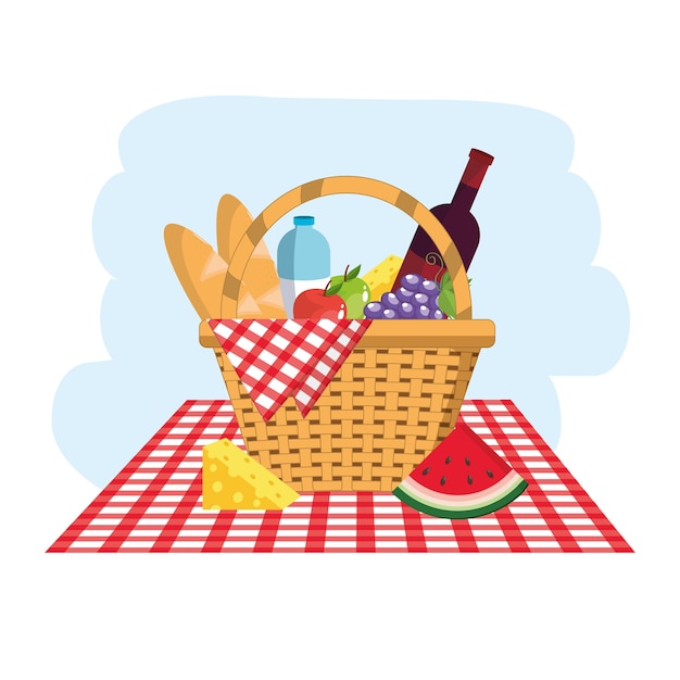 cesta com pães e garrafas de água na toalha da mesa