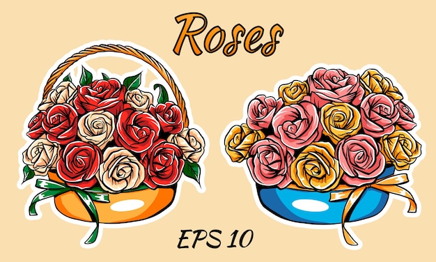 Cesta com rosas, isolada. dois tipos de buquês.