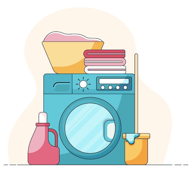 Cesta conceito doméstico com roupas sujas e toalhas na máquina de lavar