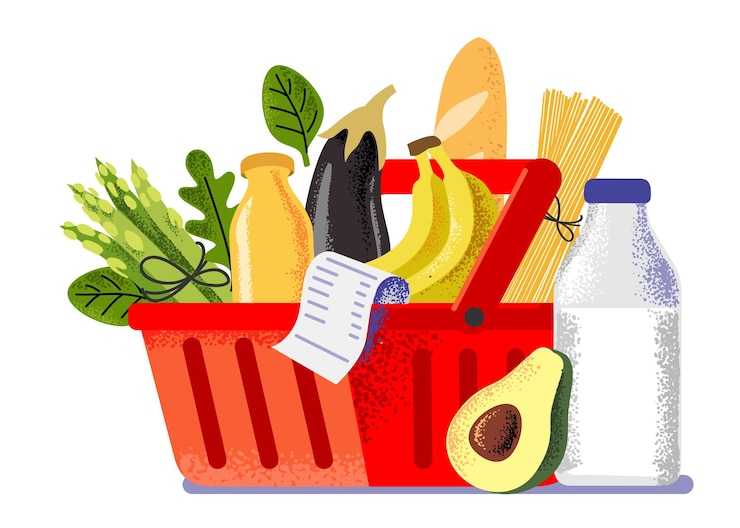 Vetor cesta de compras com alimentos bens de supermercado de varejo