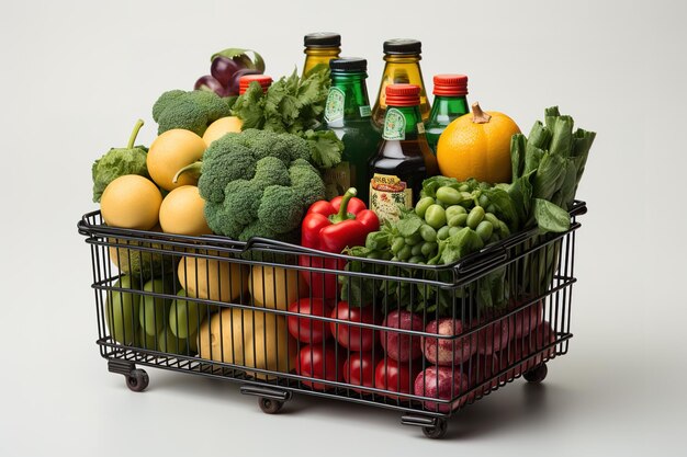 Cesta de compras com diversos vegetais orgânicos crus isolados em branco