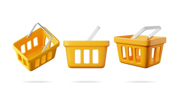 Cesta de compras de plástico laranja 3D de diferentes ângulos Conjunto de renderização isolada Coleção de ícone de carrinho de compras realista Cesta de supermercado de compras vazia Vista frontal Ilustração vetorial dos desenhos animados