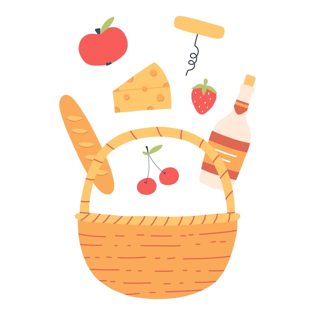 Cesta de piquenique cesta de piquenique de verão com frutas baguete, vinho e queijo ilustração vetorial estilo desenhado à mão plana