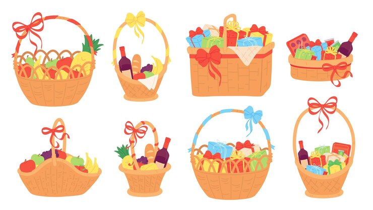 Vetor cesta de presente. cestos de vime com caixas de presentes para garrafas de natal, comida, fruta, chocolate e vinha. conjunto de cesto plano com vetor de fita de arco. presente de ilustração com chocolate e frutas, presentes