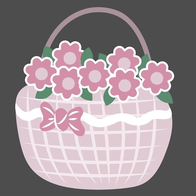 Cesta vetorial com flores e um arco margaridas rosa coletadas em um buquê clipart