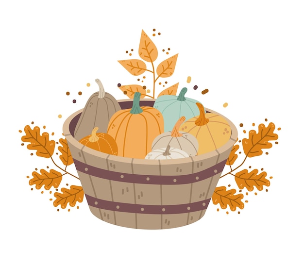 Cesto de colheita de outono com diferentes abóboras feliz Thanksgiving feriado festival celebração conceito