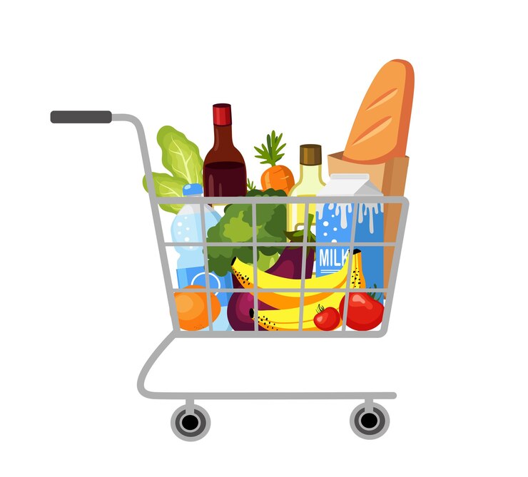 Vetor cesto de comida de carrinho de compras conjunto para compras de supermercado