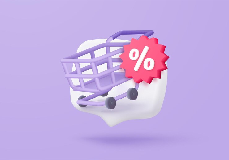 Vetor cesto de compras 3d com etiquetas de preços para compras on-line e ideias de marketing digital cesto e rótulos promocionais em fundo roxo bolsa de compras comprar vender desconto ilustração de ícone vetorial 3d