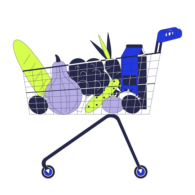 Cesto de compras com produtos alimentares objeto de desenho animado linear 2D