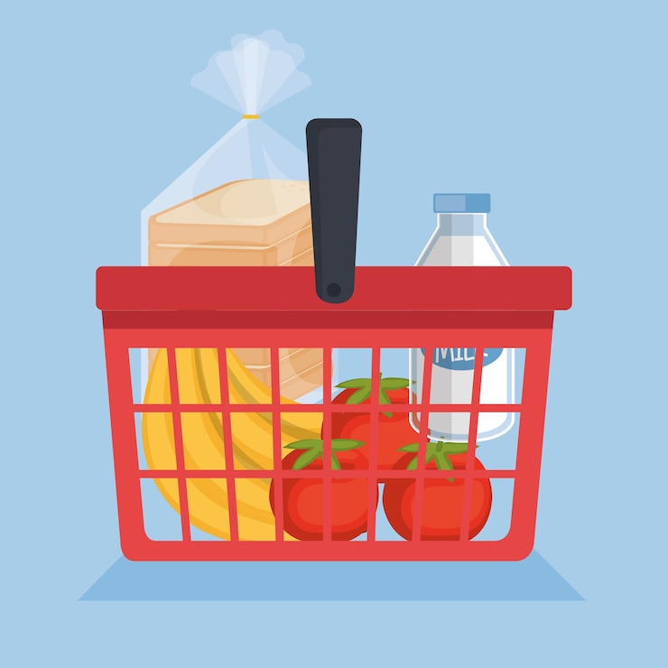 Vetor cesto de compras com produtos de supermercado