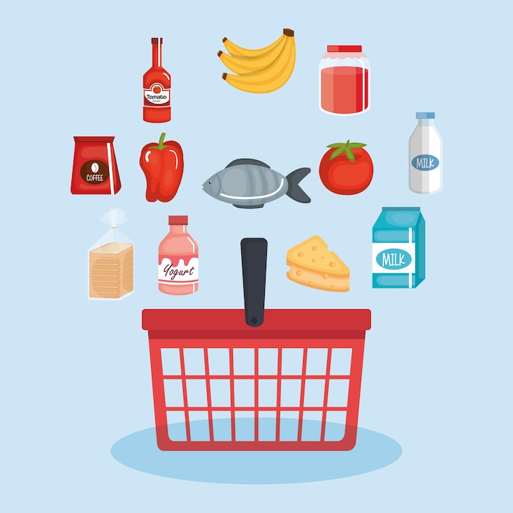 Vetor cesto de compras com produtos de supermercado