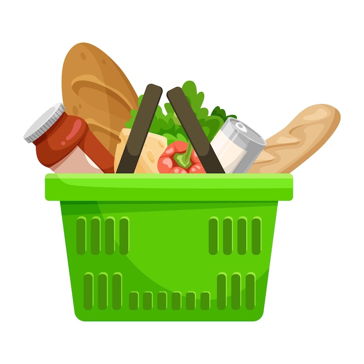 Vetor cesto de compras com vários itens alimentares ilustração vetorial