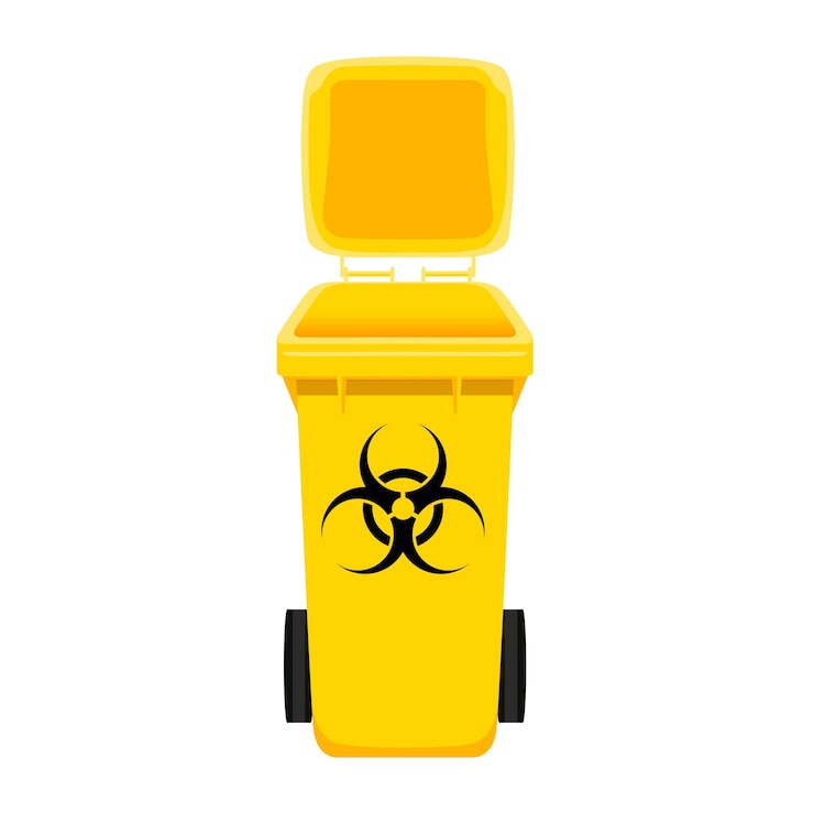 Vetor cesto de lixo amarelo e recipiente com símbolo de risco biológico isolado no fundo branco