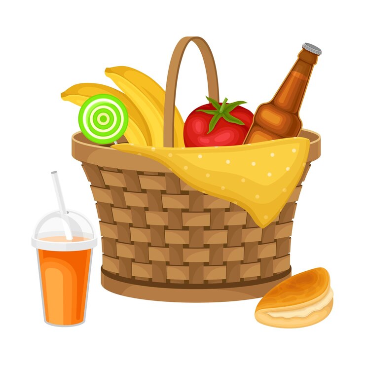 Vetor cesto de palito de piquenique com alimentos para comer ao ar livre ilustração vetorial