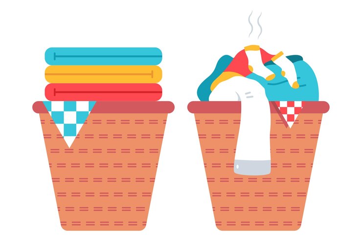 Vetor cesto de roupa suja com ilustração dos desenhos animados de roupas limpas e sujas.