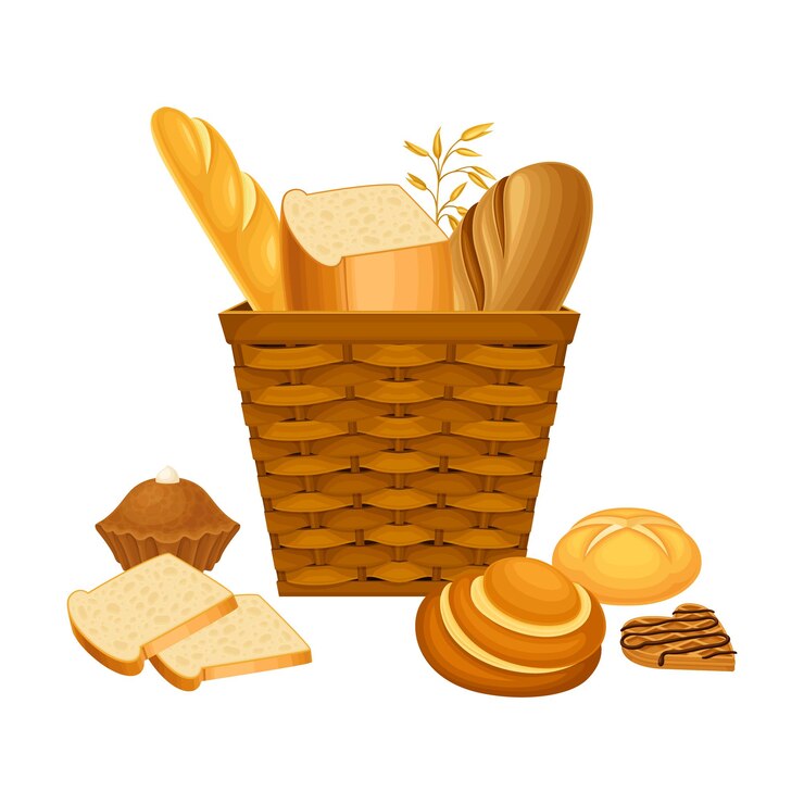 Vetor cesto de vime cheio de pão e composição vetorial de doces