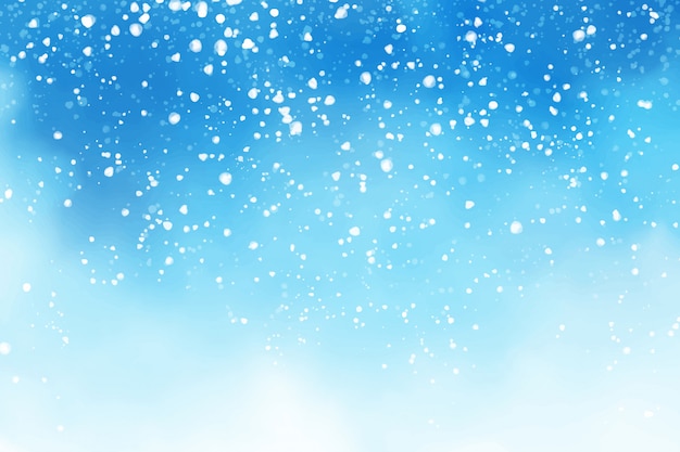 Céu azul aquarela inverno com neve caindo flocos ilustração digital pintura de fundo