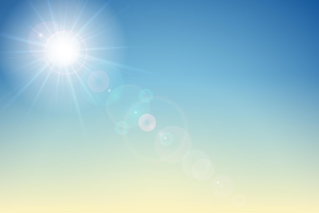 Céu azul com sol brilhante e nuvens brancas Dia ensolarado clima brilhante temporada de verão arquivo vetorial de banner de efeito bokeh ao ar livre