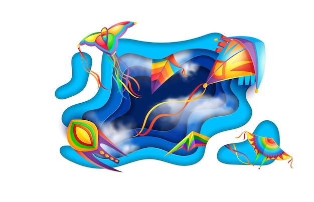Vetor céu azul com vento cortado em papel e pipas nas nuvens